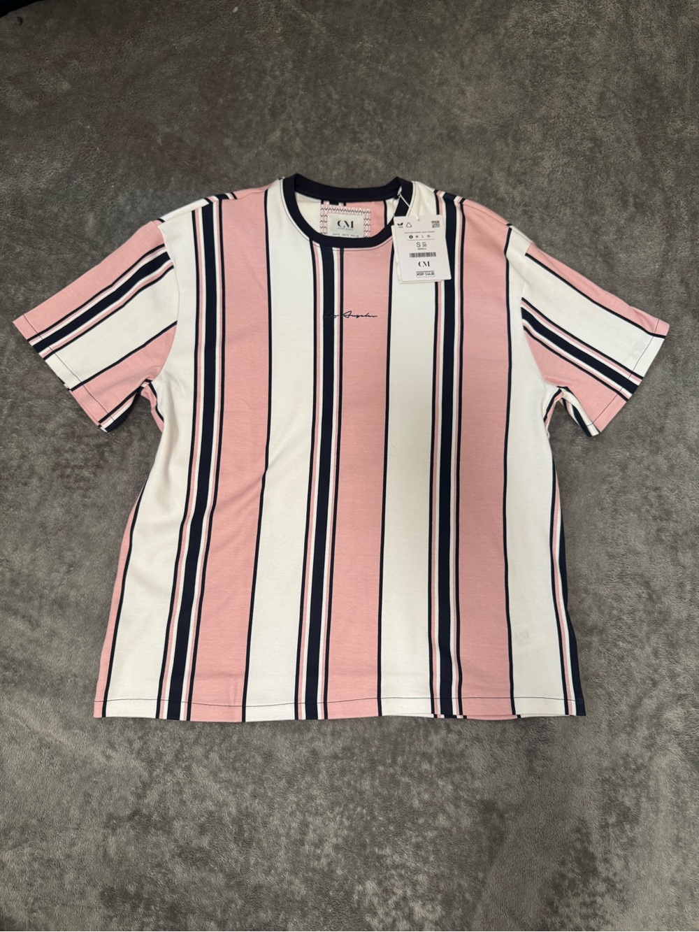Signature Men’s Pink, White & Navy Vertical Stripe Tee